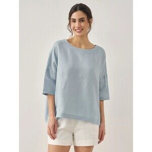 $80 LINTICO 100% Linen Boatneck 3/4 Length Sleeve Top AURORA Medium Ice Blue